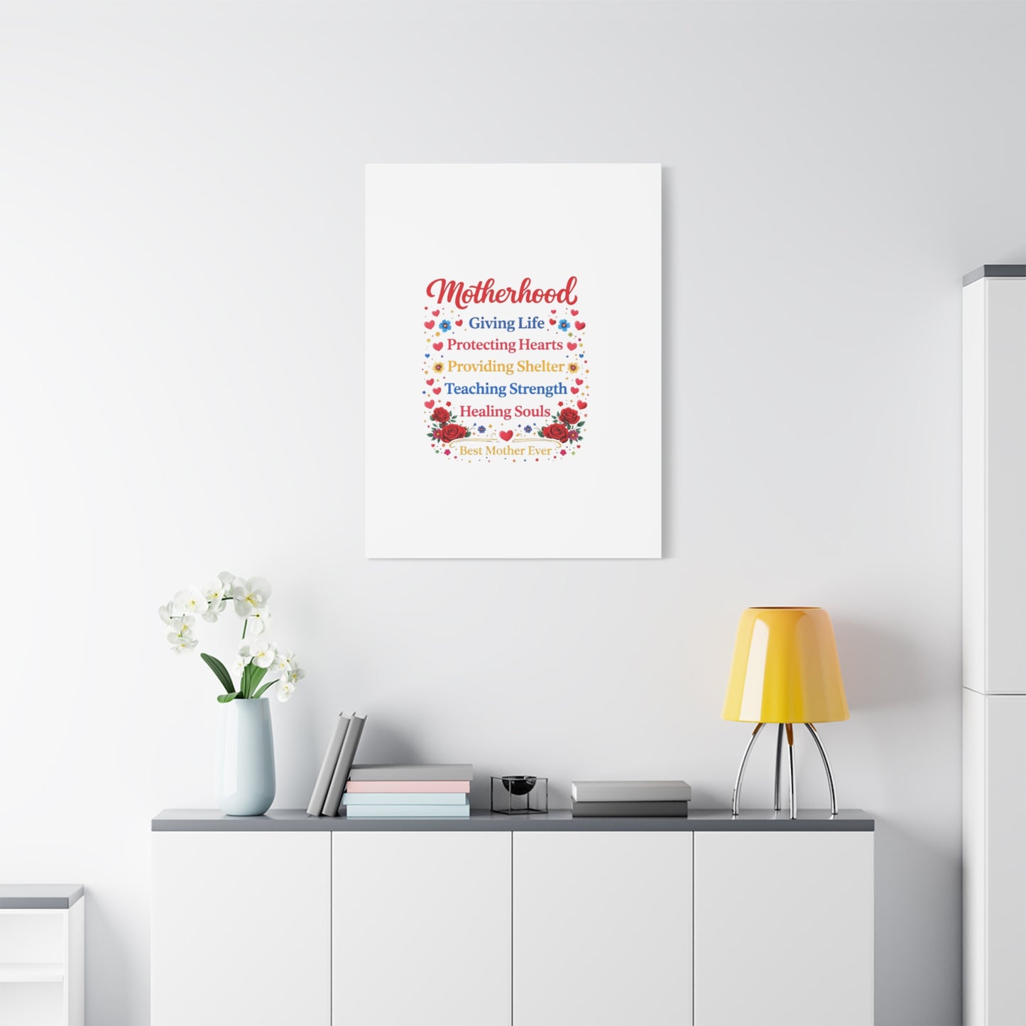 Motherhood Canvas Wall Art – "Motherhood: Giving Life, Protecting Hearts" Stretched Matte Print